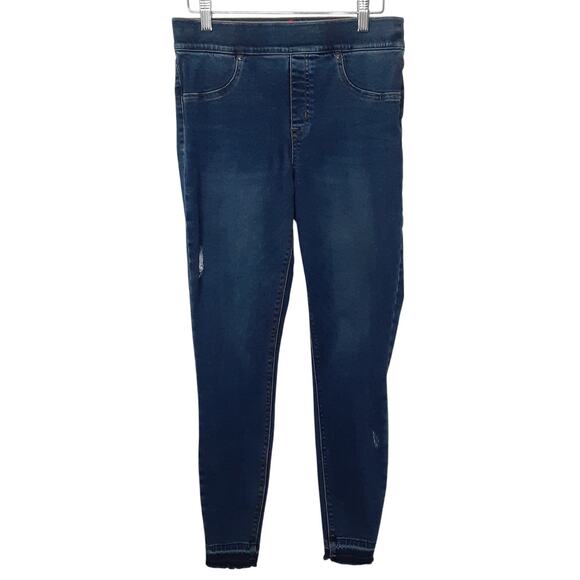Spanx Distressed Skinny Jeans Raw Hem Pull On Pant Dark Wash Denim Womens M - Picture 2 of 11